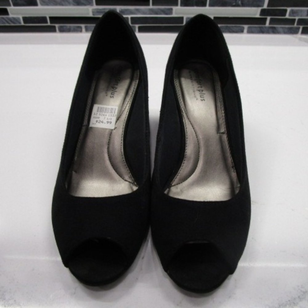 Black, Peek Toe, Low Wedge Shoe